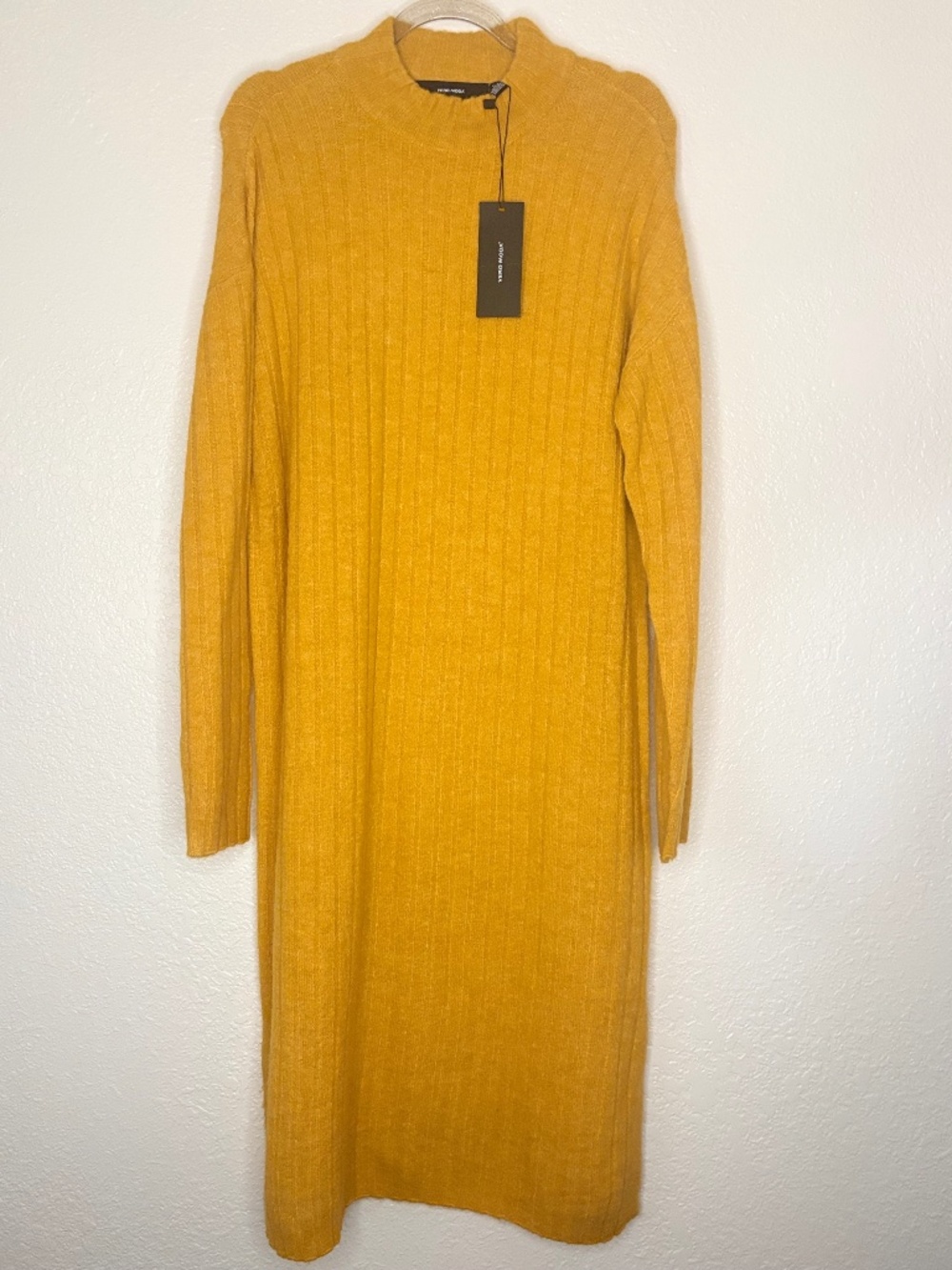 Vero Moda Ribbed Knit Midi Sweater Dress Mustard High Neck Long Sleeve